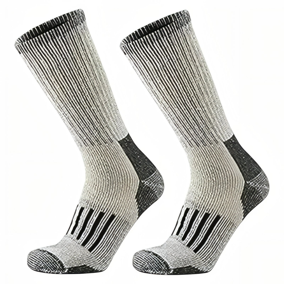 Pair of light grey merino hiking socks with a black heel, black toe and black stripes across the instep