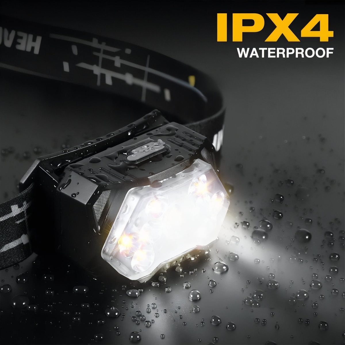 Headlamp lit up among water droplets, labelled IPX4