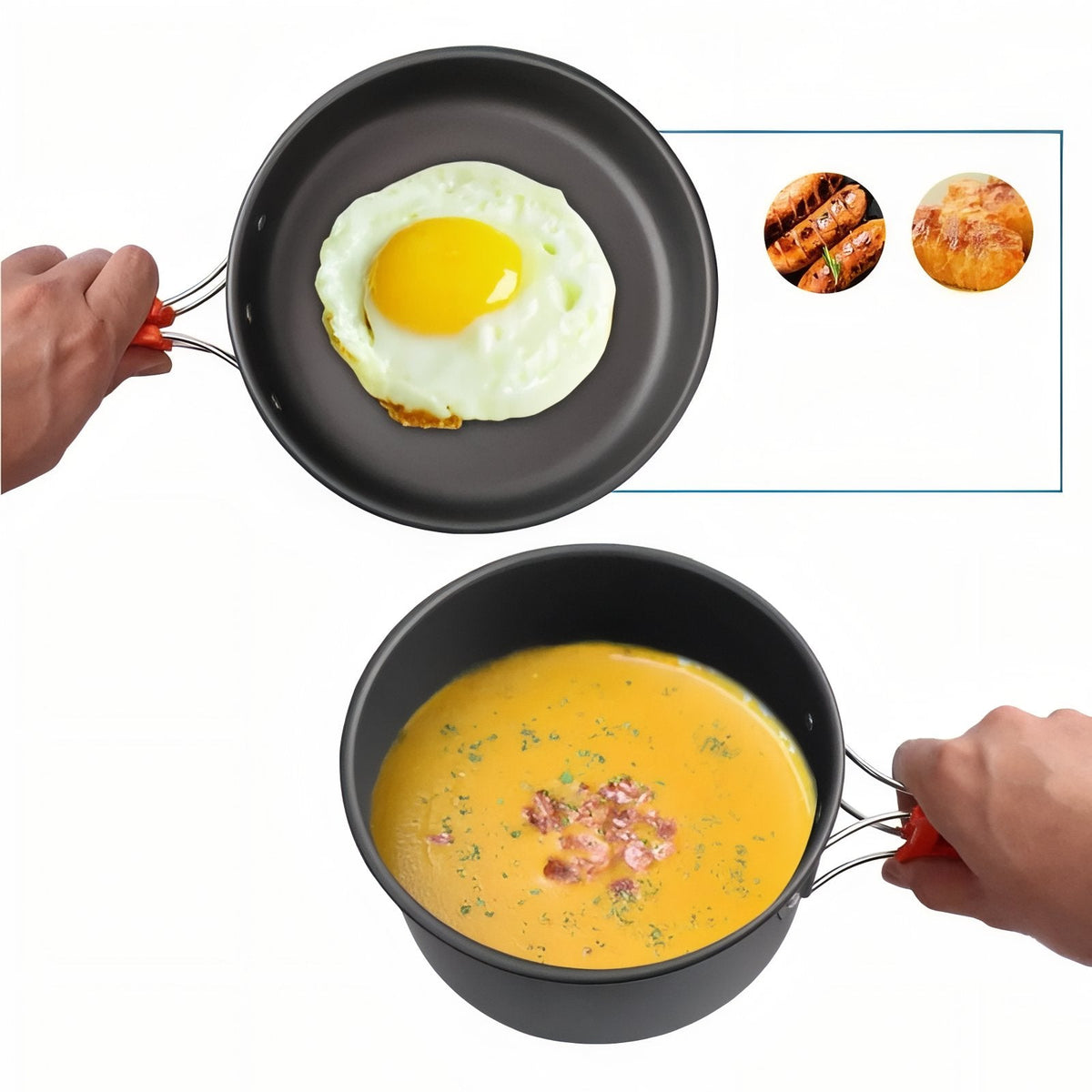 Fried egg in the frying pan and soup in the pot, held by their folding handles
