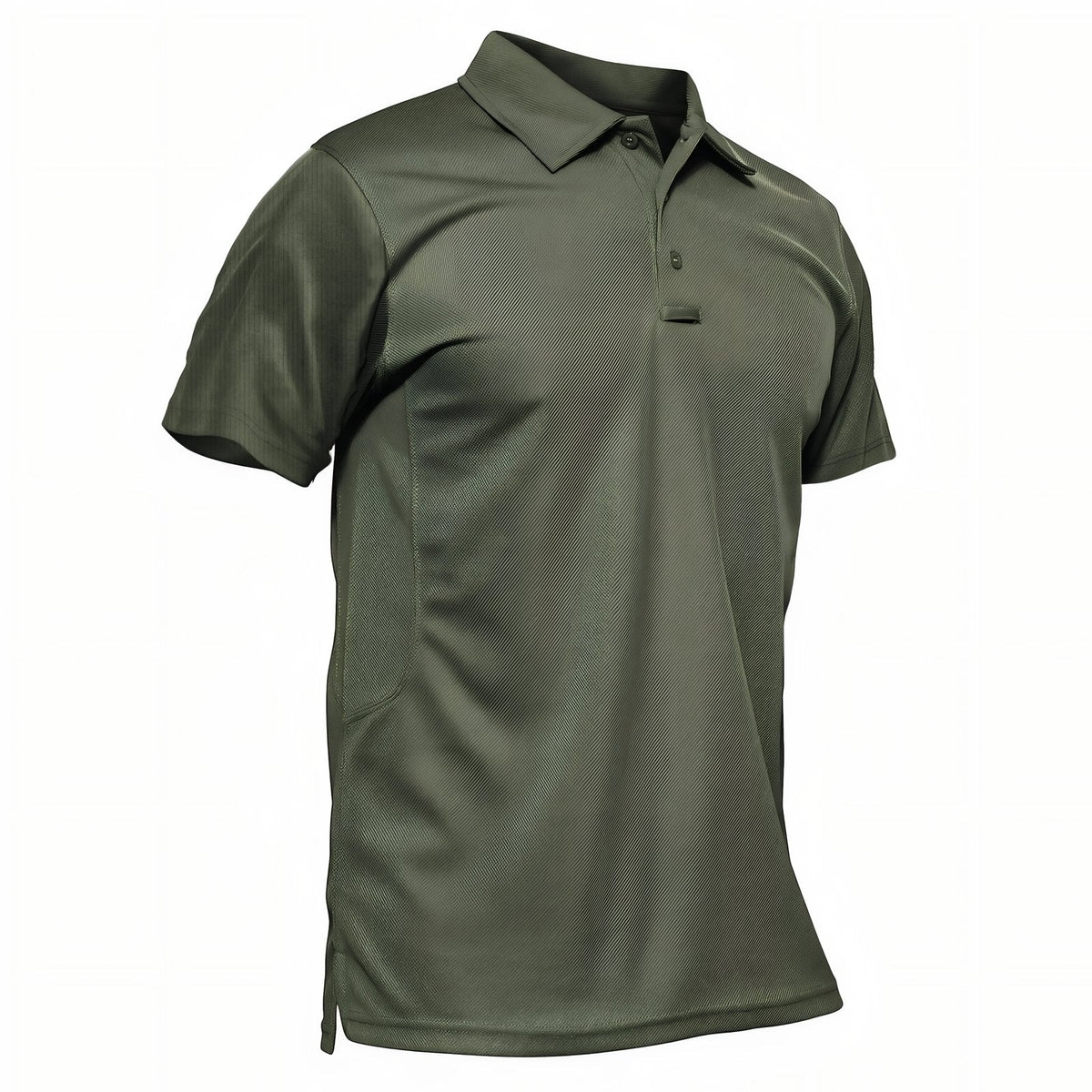 Men's army green short-sleeved hiking polo shirt with a three-button placket and a sleeve pocket