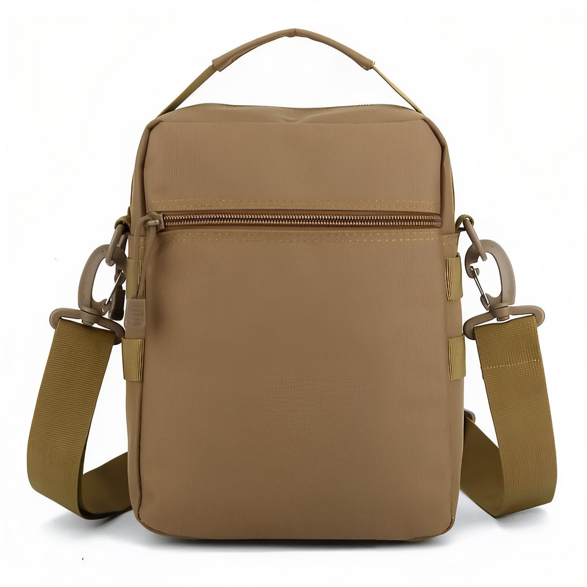 Back view of the coyote brown bag with its back slip pocket and strap