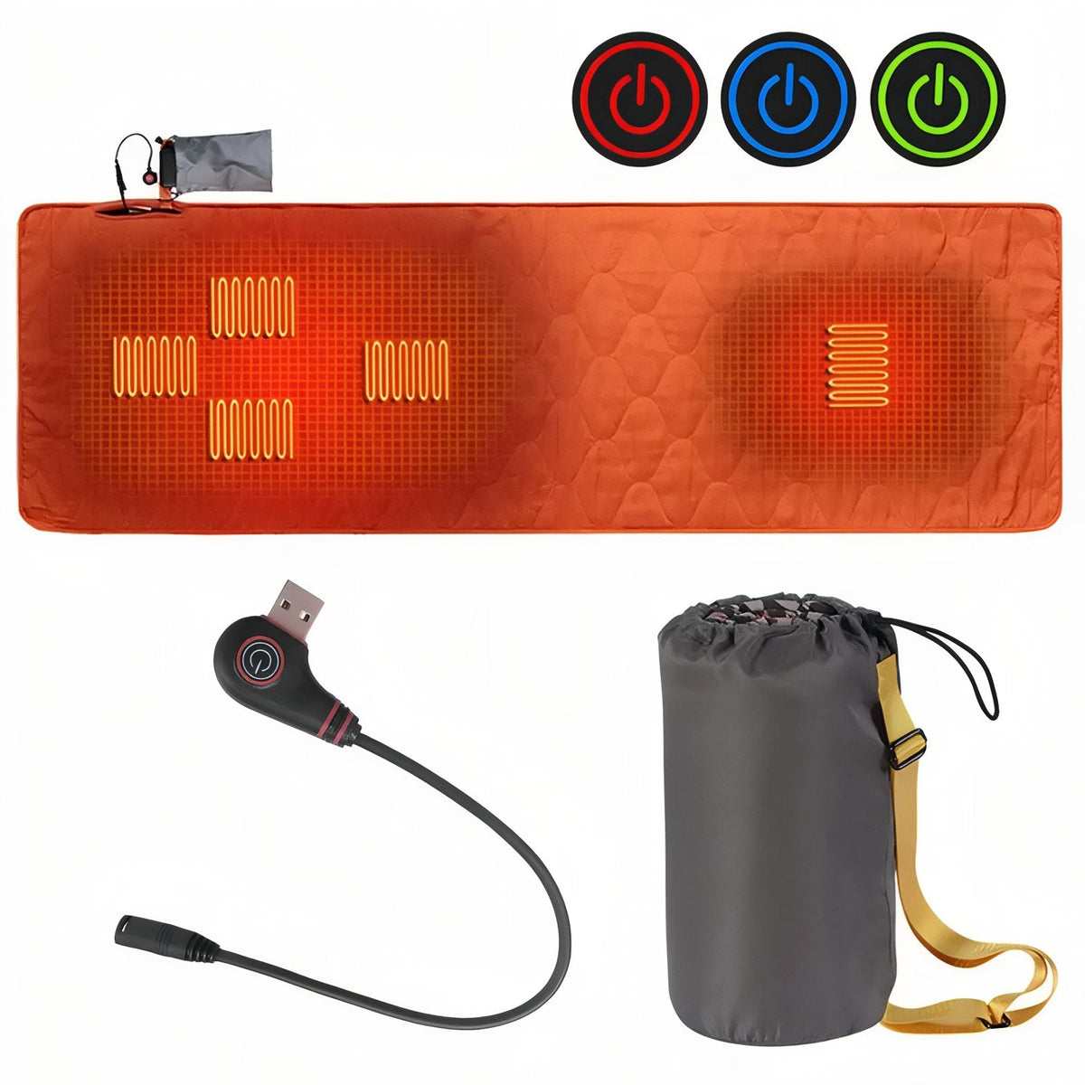 Orange heated pad with its heating zones glowing, the USB controller cable and the storage bag