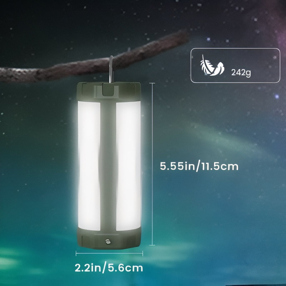 The lantern hanging from a branch by its hook, with its height of 11.5 cm, width of 5.6 cm and weight of 242 g marked
