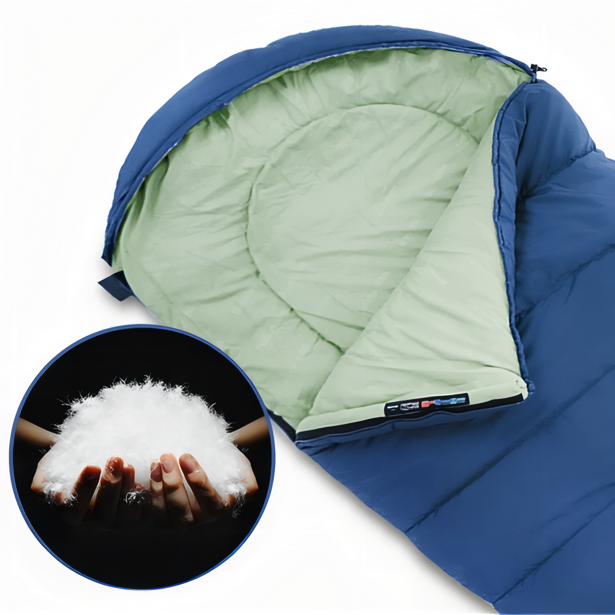 Open hood of the navy sleeping bag showing the light green lining, with an inset of the white synthetic fill