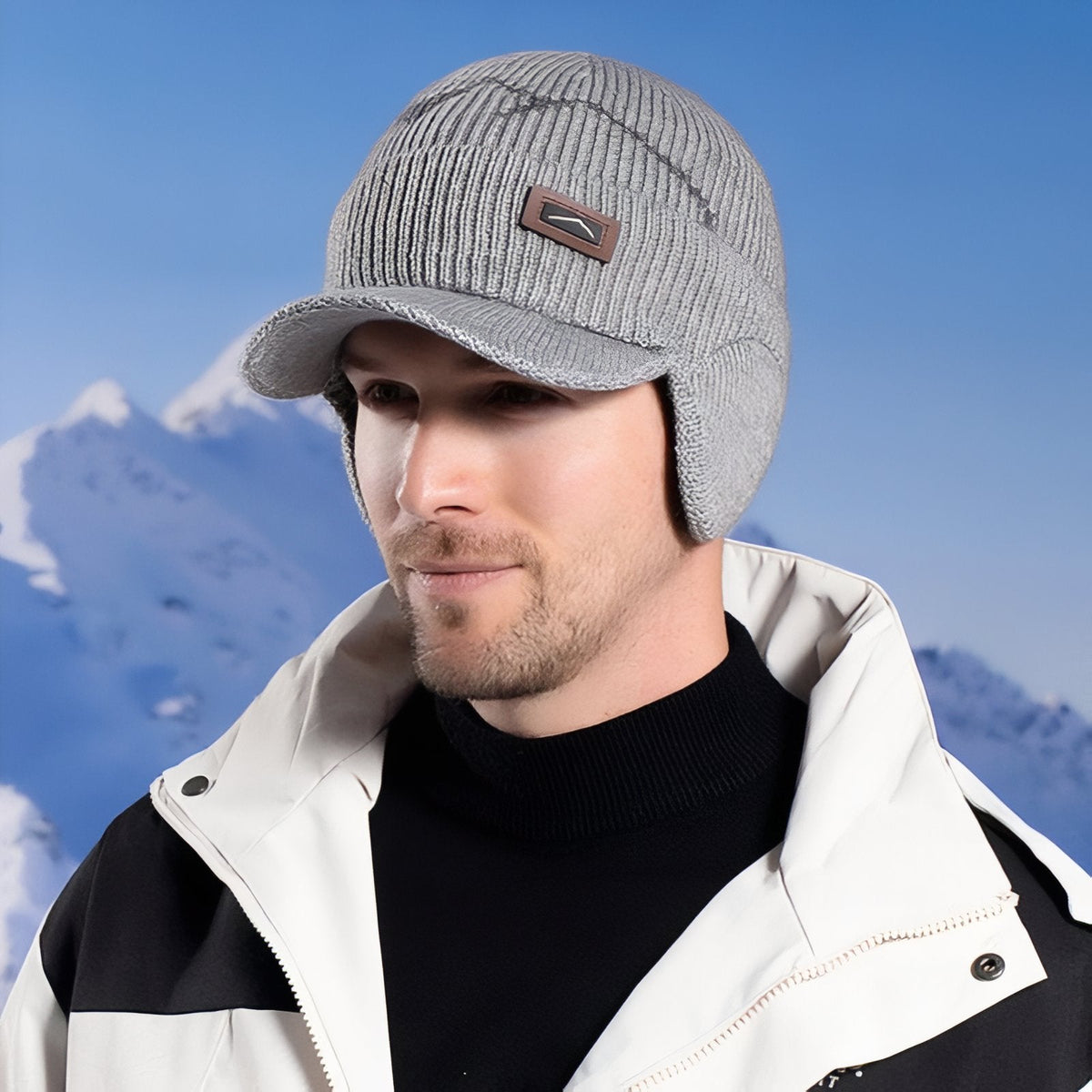 Man in a white jacket wearing the light grey peaked beanie with the ear flaps down