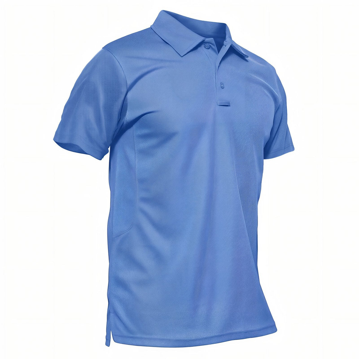 Men's light blue short-sleeved hiking polo shirt seen from the front at an angle
