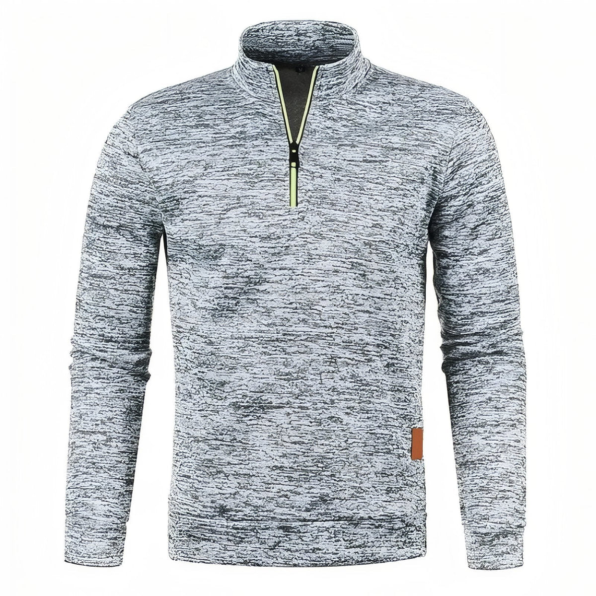 Light grey heathered men's quarter-zip pullover with lime zip piping, front view