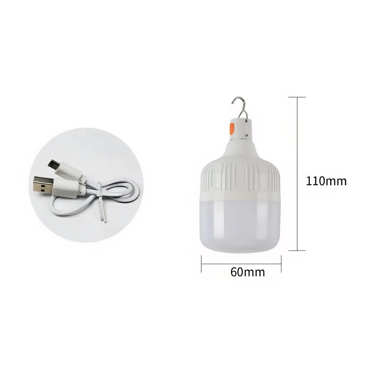 LED bulb lantern with its USB charging cable, marked 110 mm tall and 60 mm wide