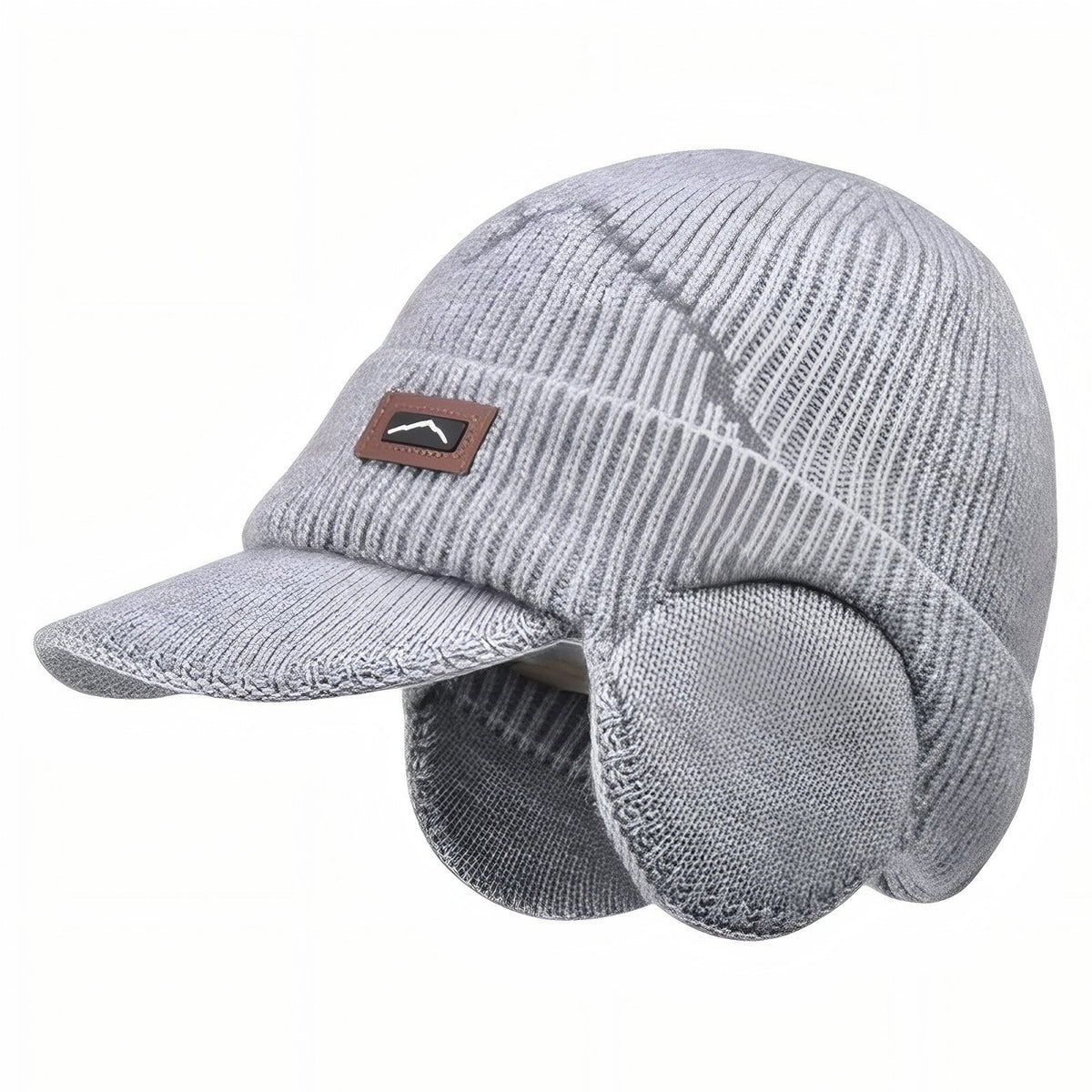 Light grey ribbed knit peaked beanie with round ear flaps, a contrast line across the crown and a small leather patch