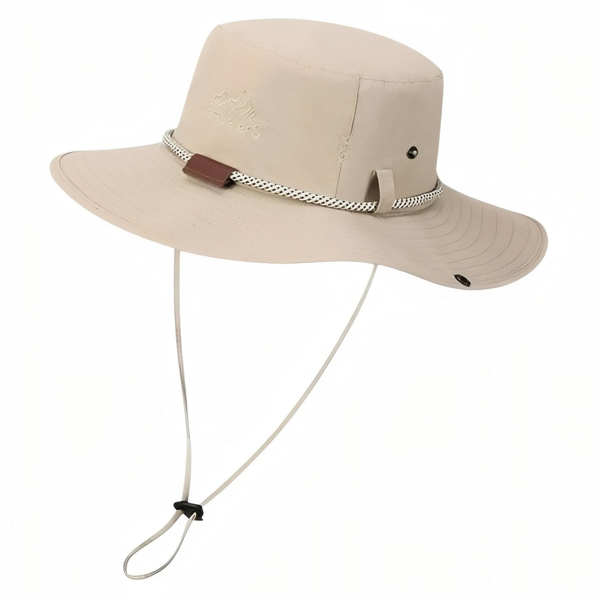 Beige wide brim hiking hat with braided cord band and chin strap, on white