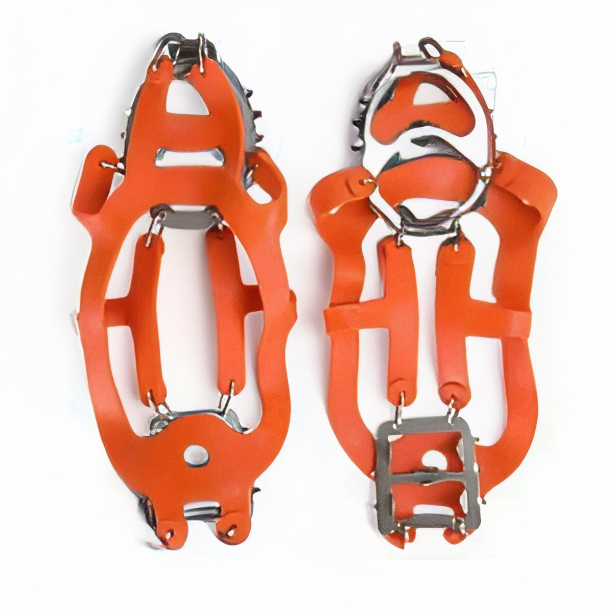 Pair of orange crampons laid flat from above, showing the toe and heel spike plates and the linking rings