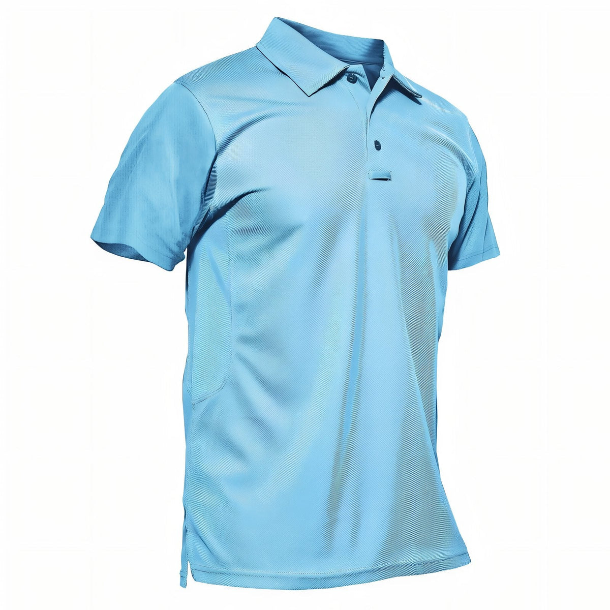 Men's sky blue short-sleeved hiking polo shirt seen from the front at an angle