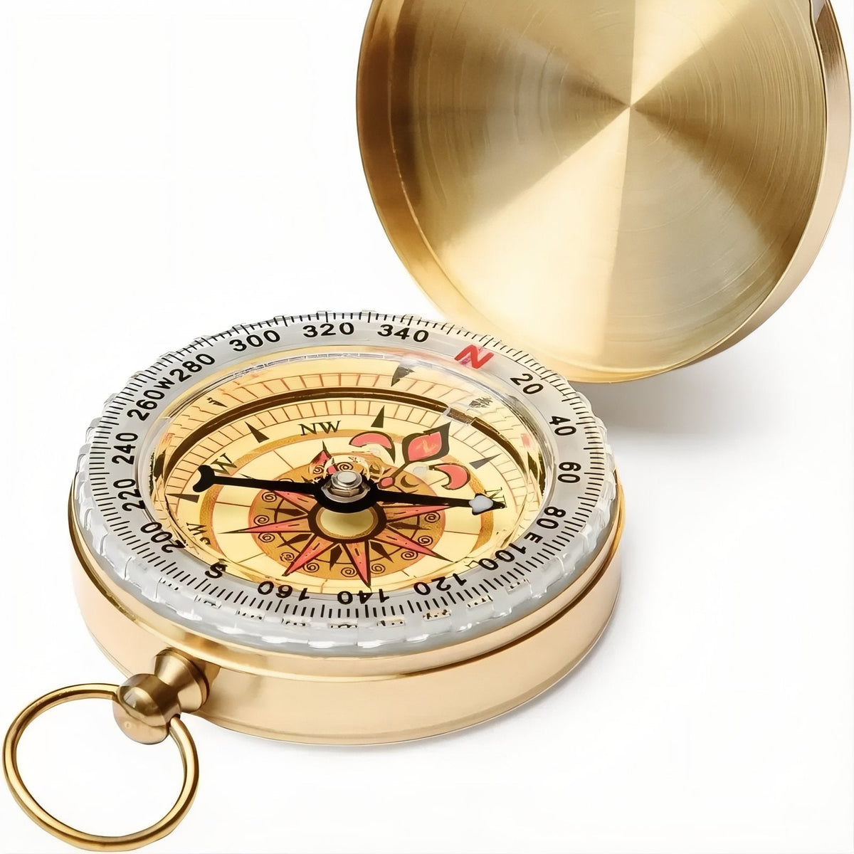 Close-up of the compass dial, the fleur-de-lis rose and the degree bezel