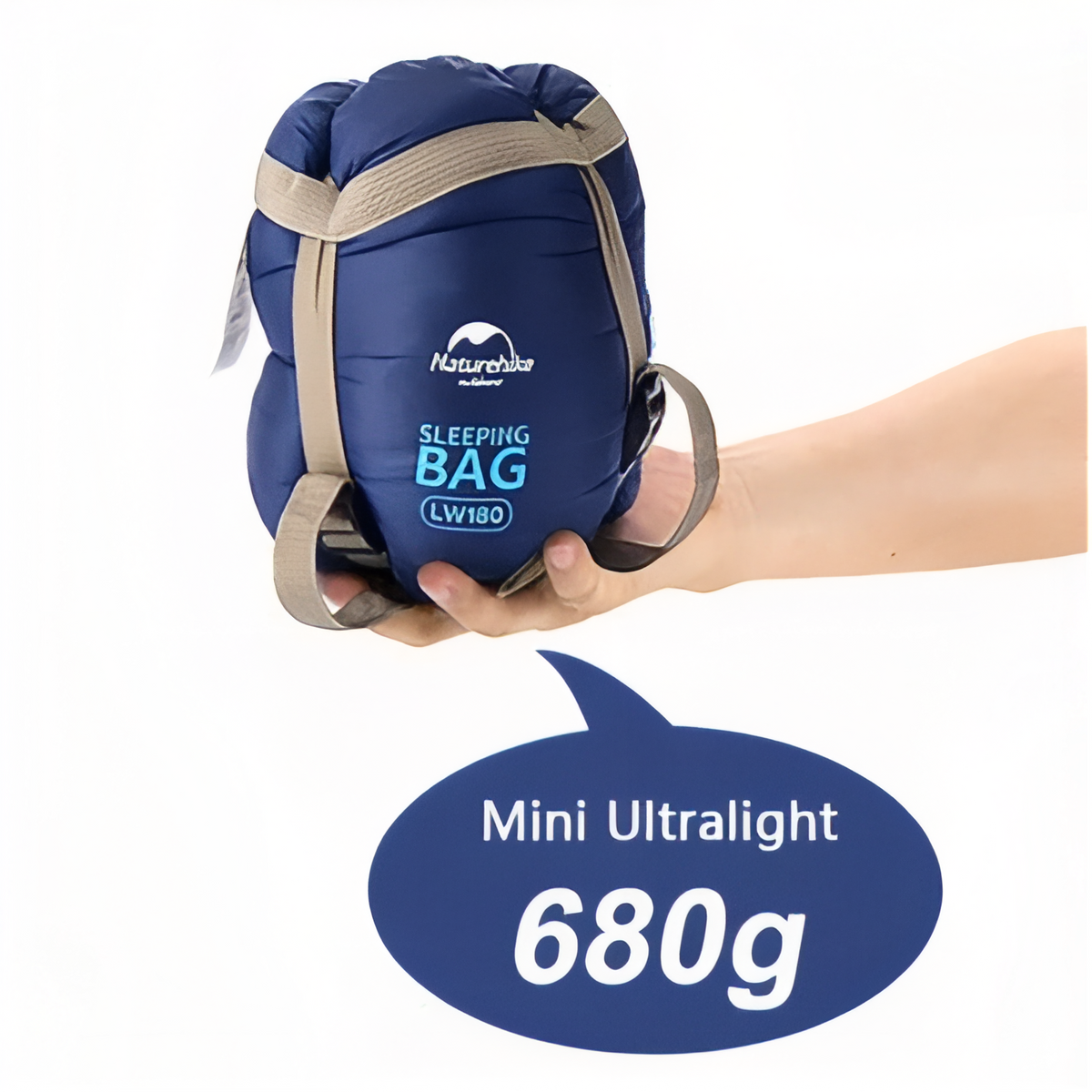 Navy sleeping bag packed in its compression sack and held in one hand