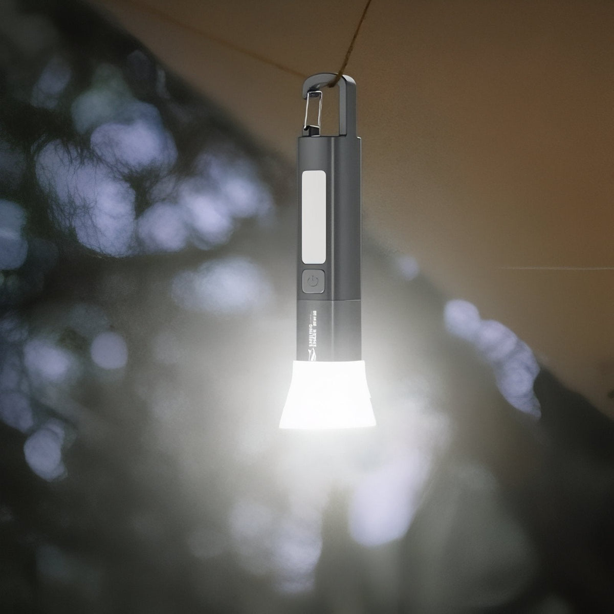 The torch hanging by its hook with the front beam lit