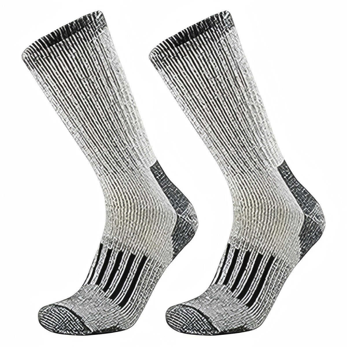 Pair of dark grey marl merino hiking socks with a black heel, toe and instep stripes