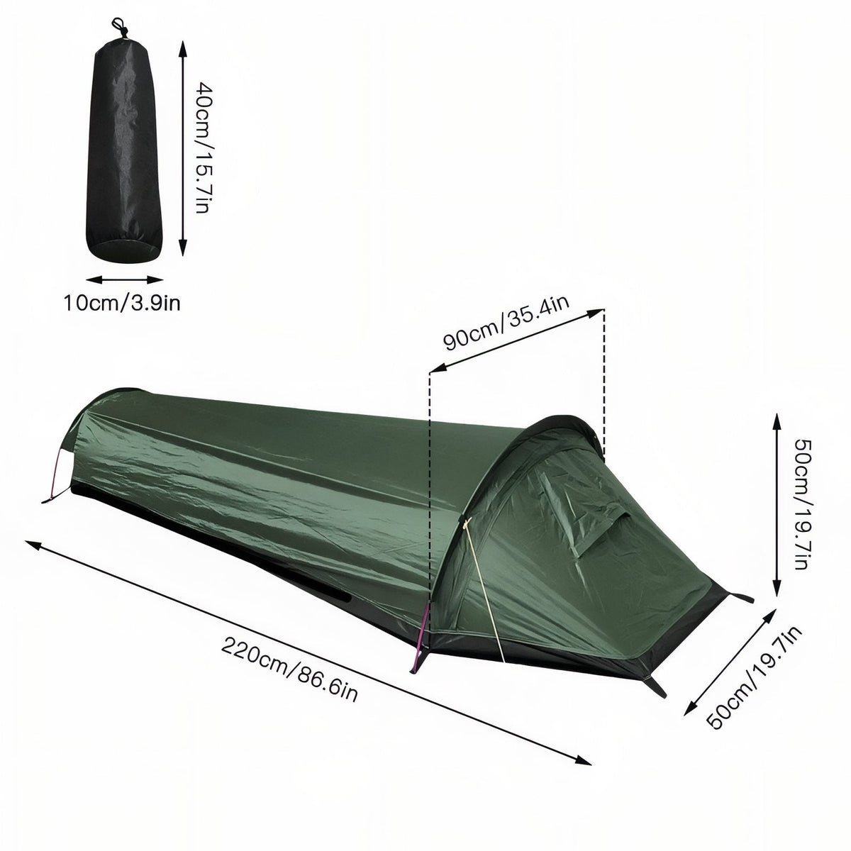Dark green bivy tent marked 220 cm long, 90 cm wide, 50 cm high and 50 cm at the foot, with its sack marked 40 by 10 cm