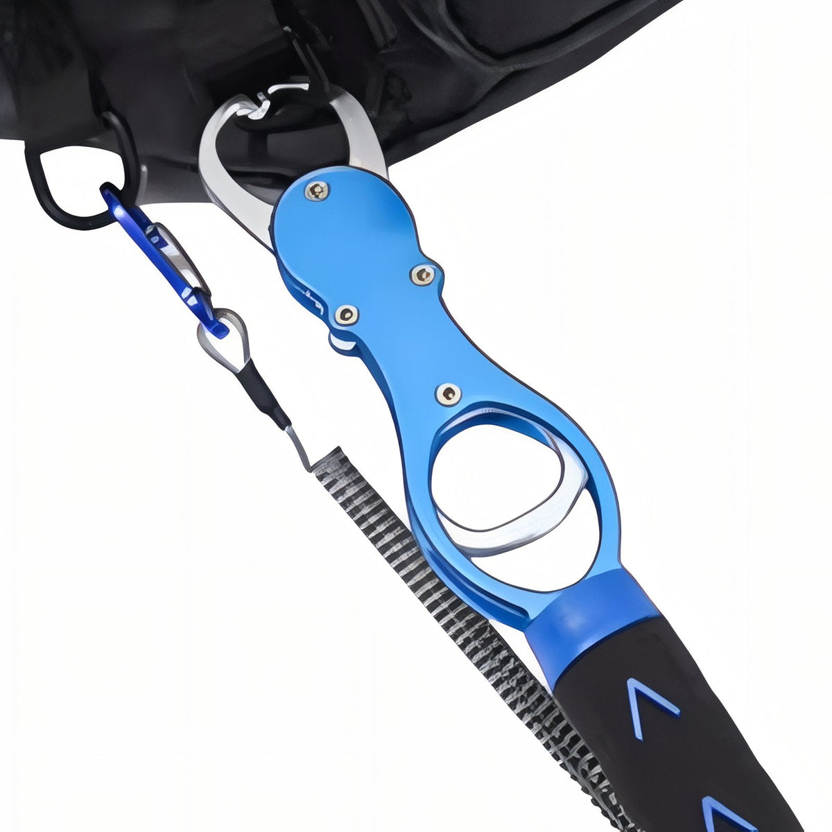 Close-up of a blue fish gripper and carabiner hanging from the hip pack's D-ring