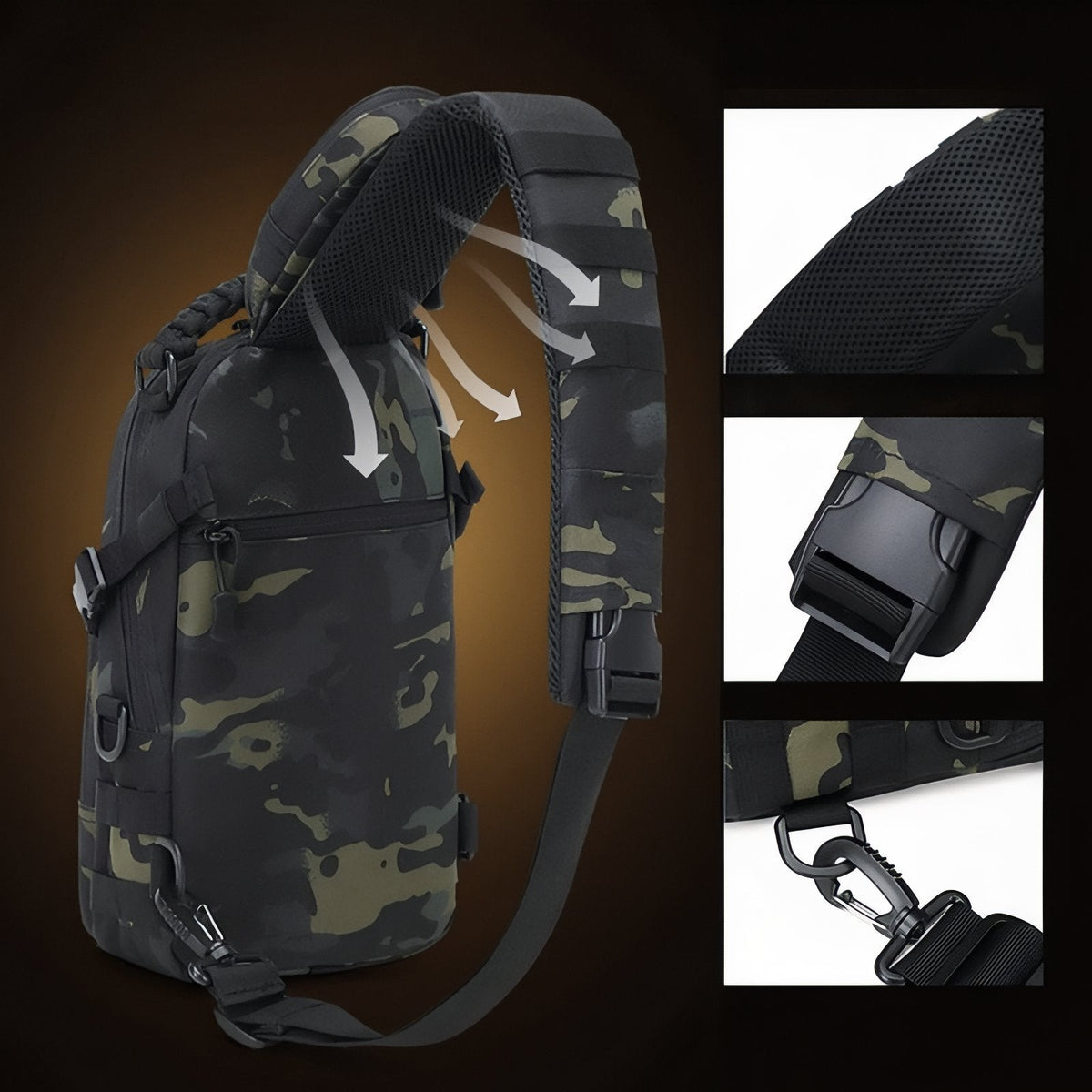 Back of the sling bag with its ventilated panel and close-ups of the buckles