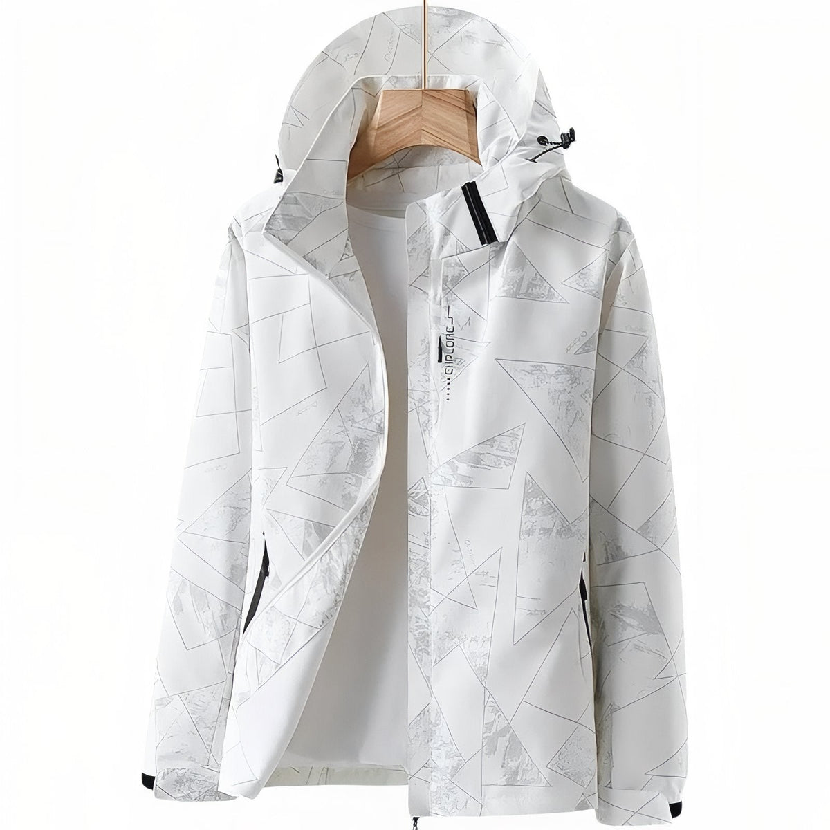 White hooded hiking jacket with a light tone-on-tone print, hanging open on a wooden hanger