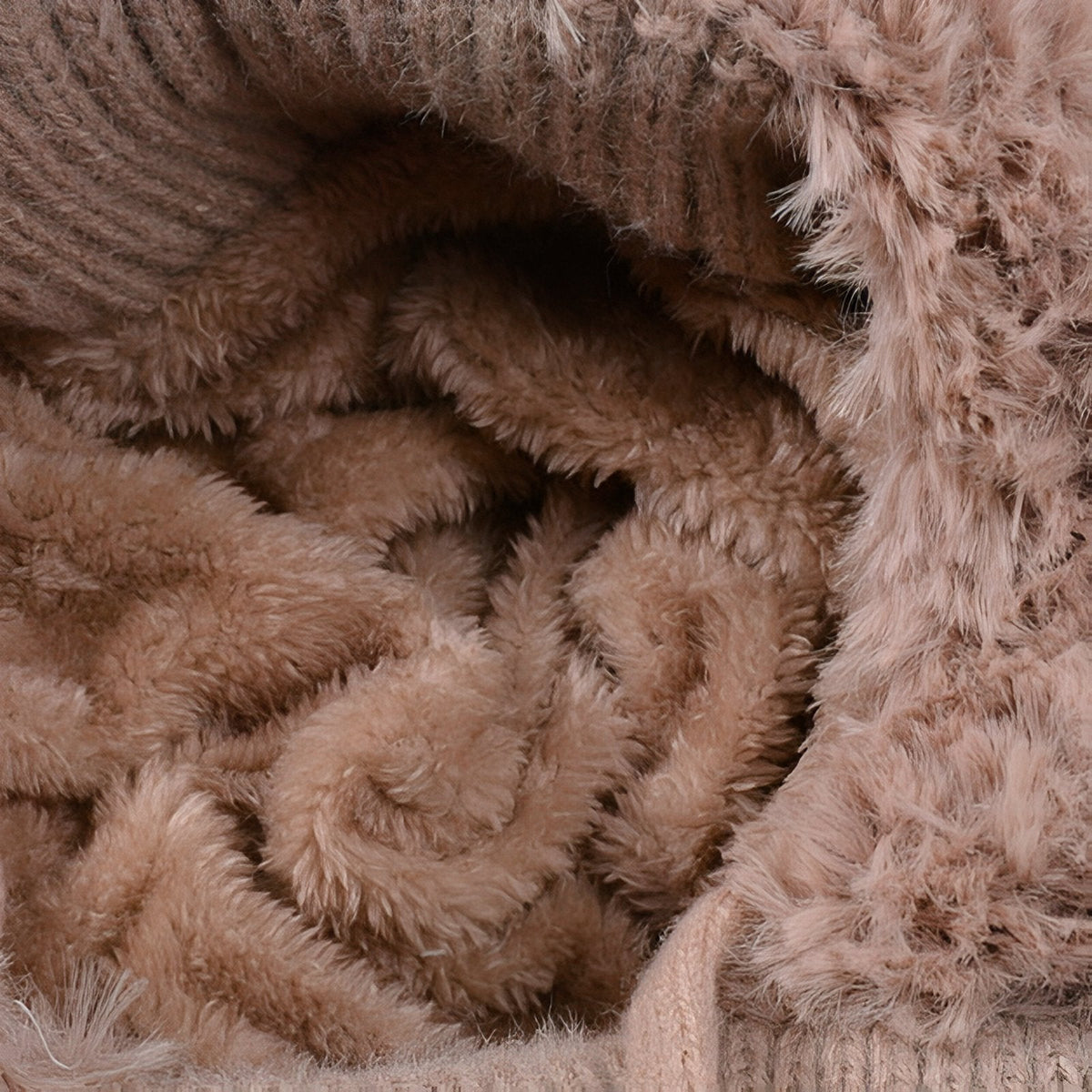 Close-up of the soft faux-fur lining inside the brown balaclava