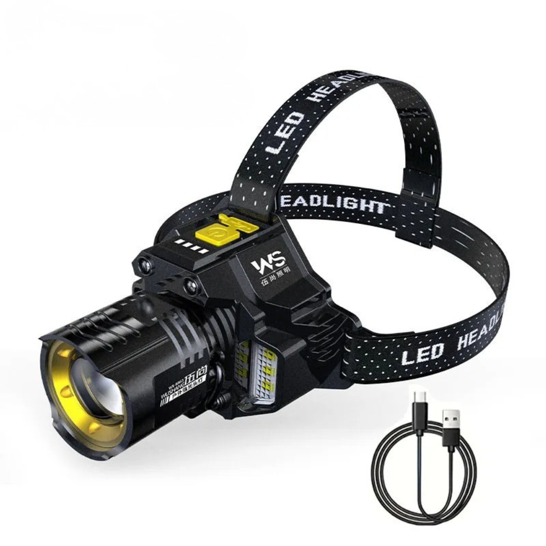 Zoom headlamp on its adjustable strap with top band, and the USB-C charging cable beside it