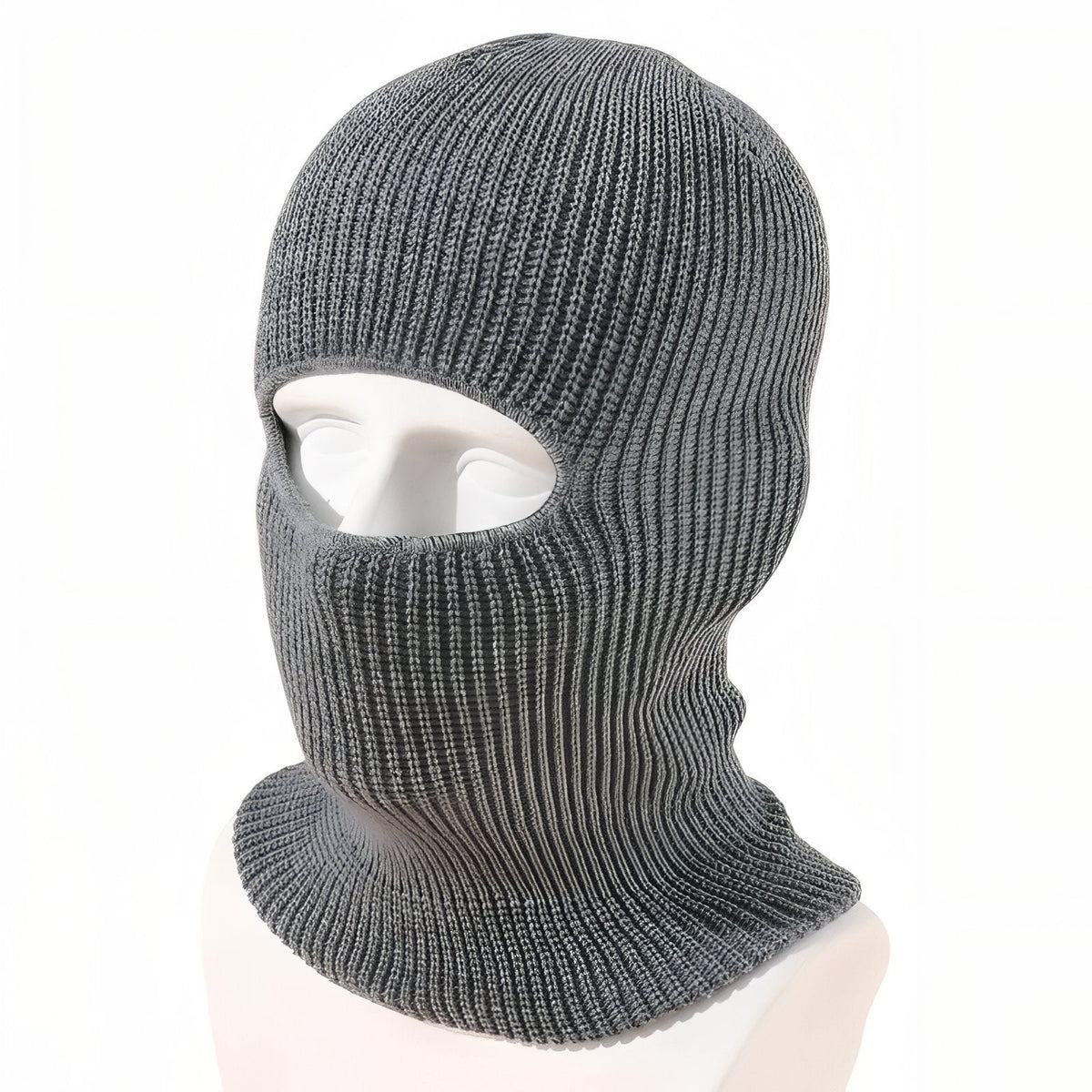 Grey rib-knit winter balaclava with one eye opening on a white mannequin head