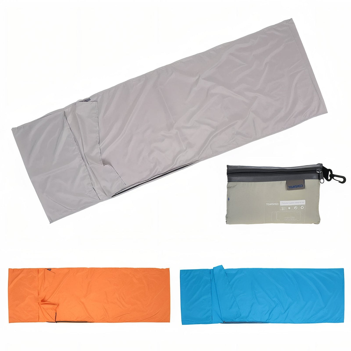 Light grey liner laid out with its pouch, and the orange and sky blue liners below