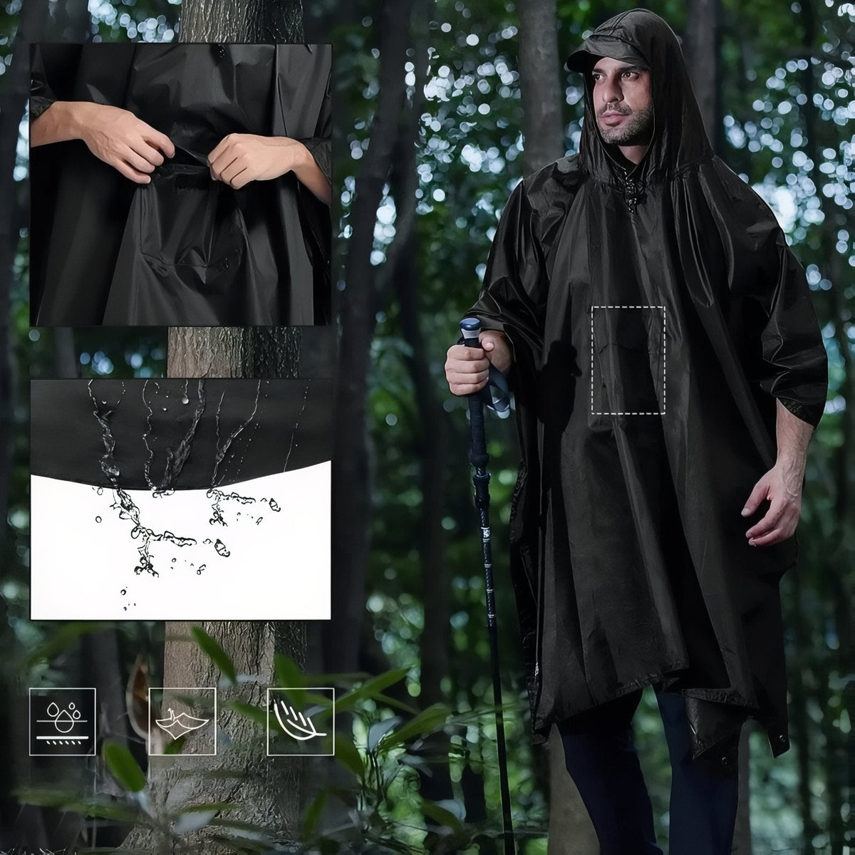 Man with trekking pole wearing the black hooded poncho in a forest, with close-ups of the side snaps and water running off