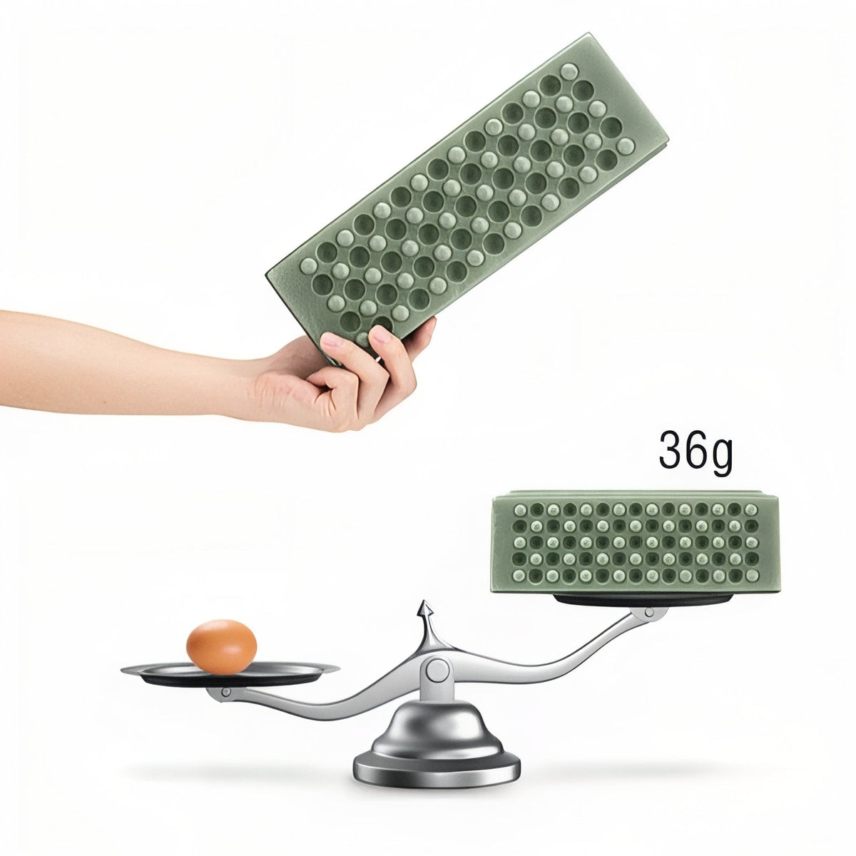 A hand holding the folded green sit pad above a balance scale weighing the pad against an egg, labelled 36 g