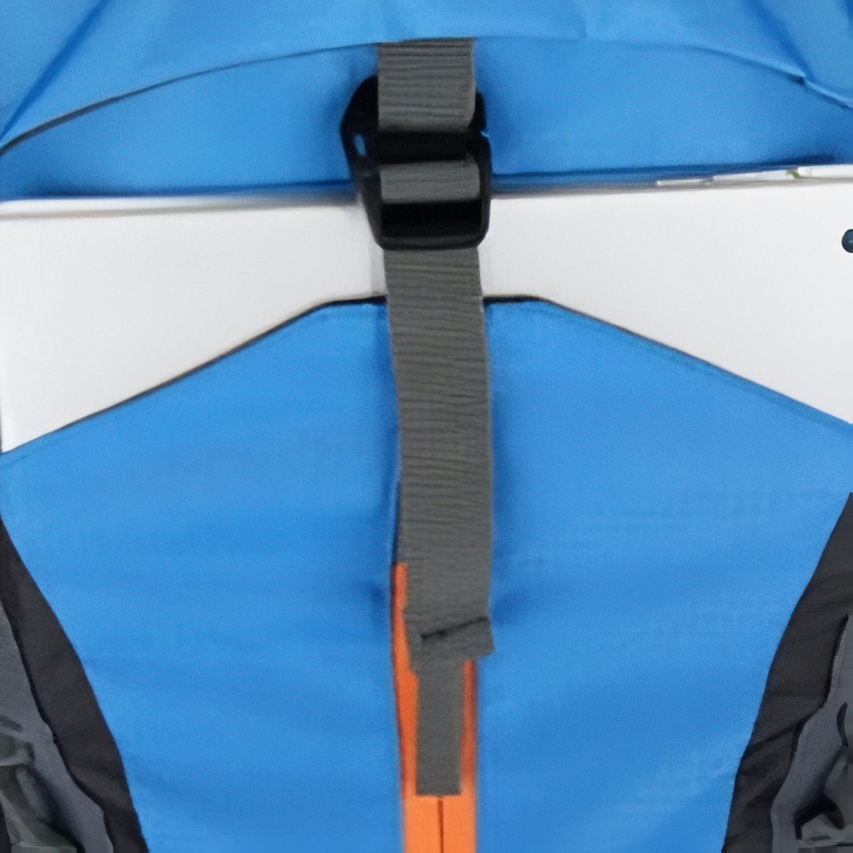 Close-up of a grey webbing strap and buckle on the sky blue backpack front