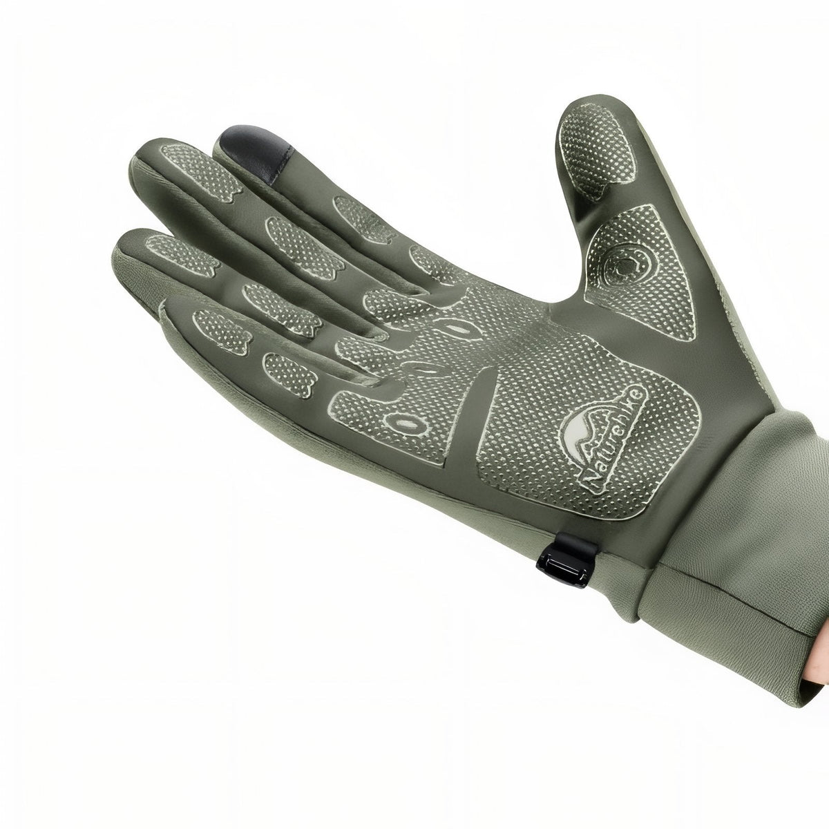 Palm of an army green stretch glove with a raised silicone grip print and touchscreen tips on the thumb and index finger