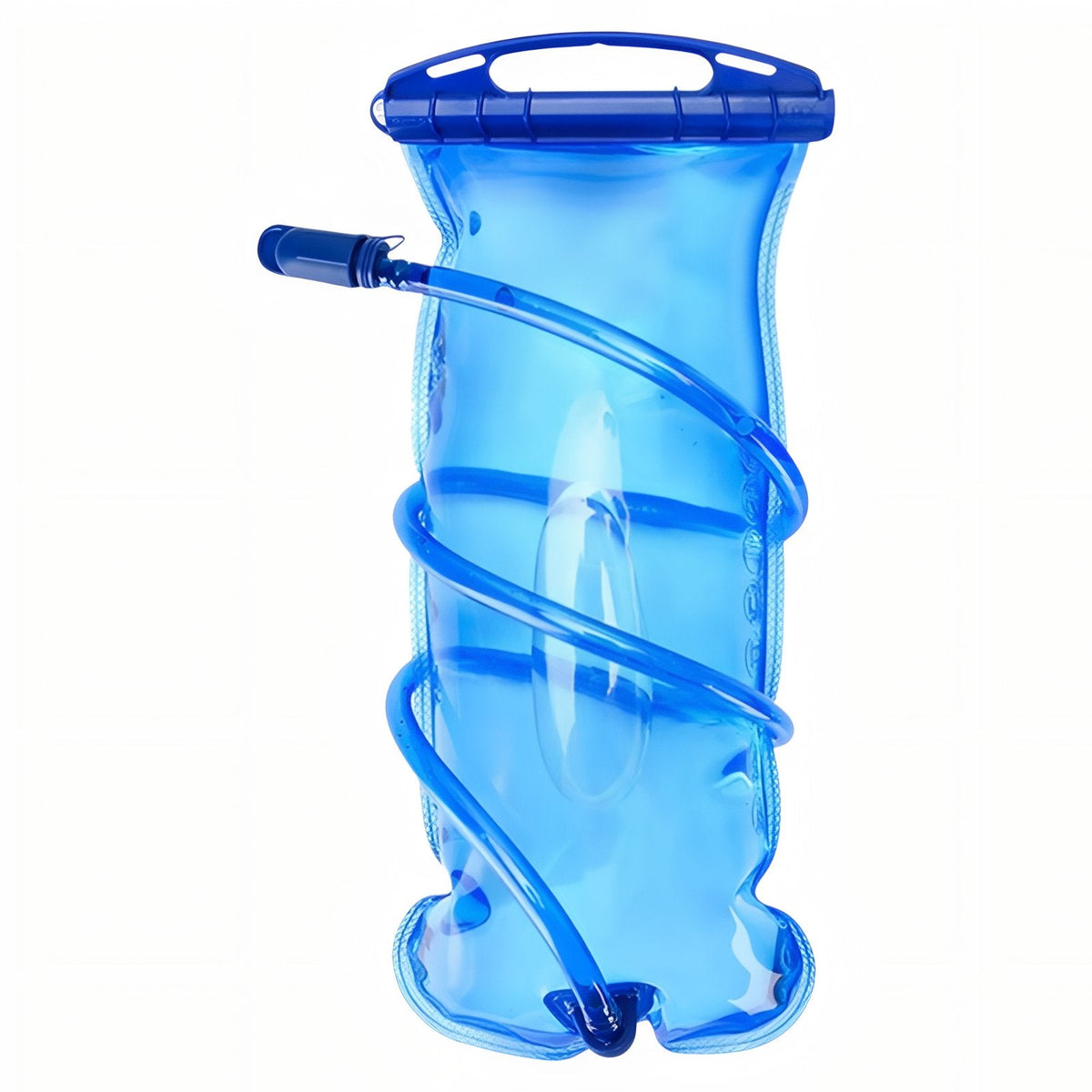 Clear blue hydration bladder with its slide-top rail and a drinking tube coiled around it