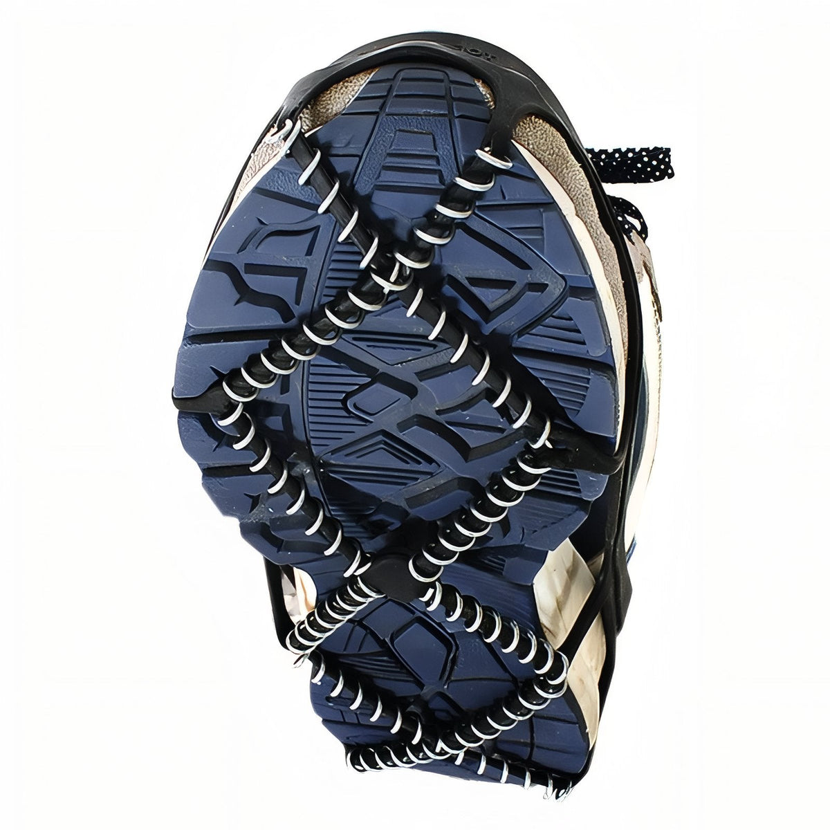 Black coil ice grip stretched over the sole of a walking shoe, steel coils across the forefoot and heel