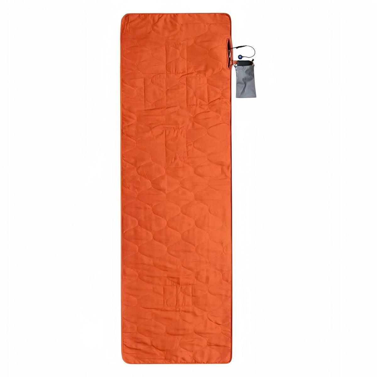 Bright orange quilted heated sleeping pad seen from above with its grey power bank pouch and cable at the side