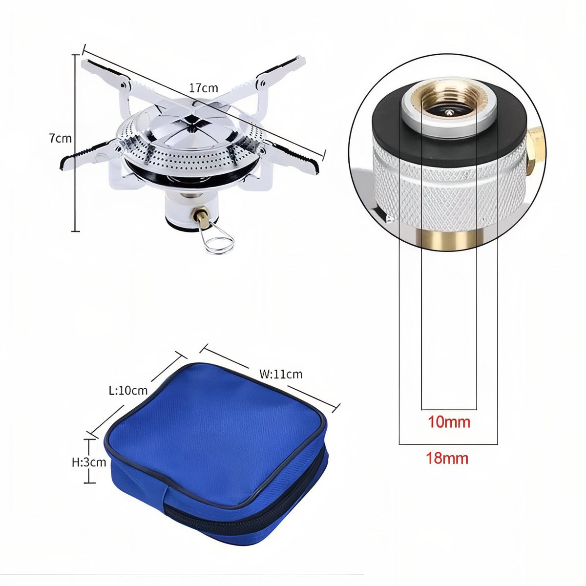 Camping stove marked 17 cm across and 7 cm tall, its valve thread marked 10 mm and 18 mm, and the pouch marked 11 by 10 by 3 cm