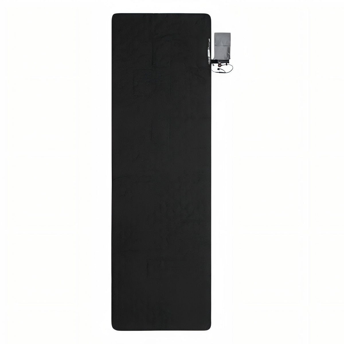 Black heated sleeping pad seen from above with its power bank pouch at the side