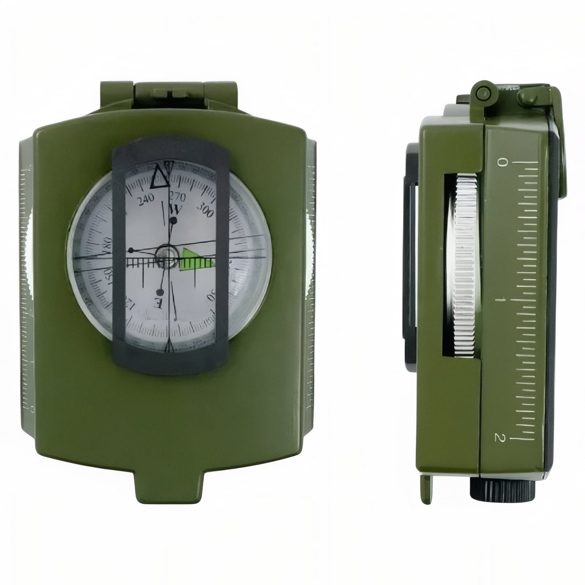 Olive green lensatic compass from the front and the side