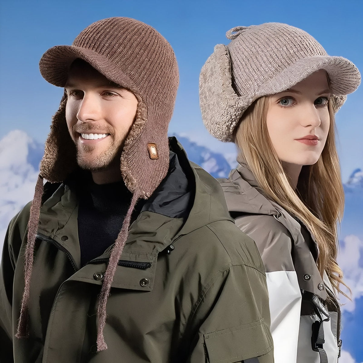 Man and woman in winter jackets wearing the knitted trapper hat in light brown and beige