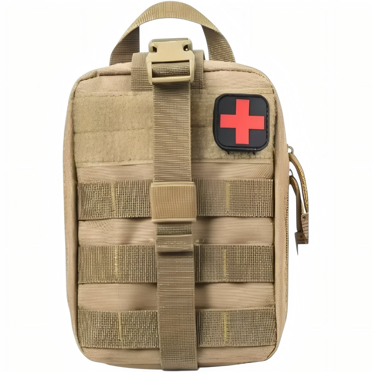 Khaki pouch from the front with MOLLE webbing, a buckle strap and a square patch on its hook-and-loop panel