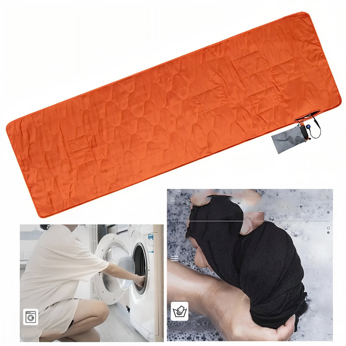 Orange heated sleeping pad beside photos of it being machine washed and hand washed