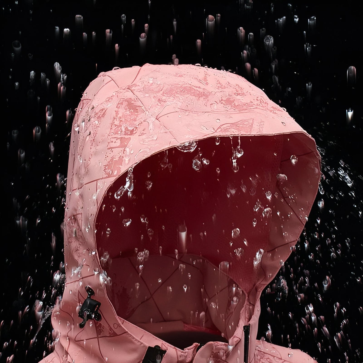 Water droplets bouncing off the pink jacket's hood in the rain