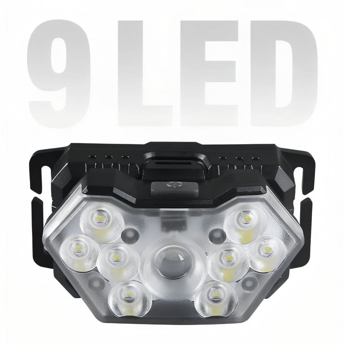 Front view of the headlamp with its nine LEDs and mounting bracket