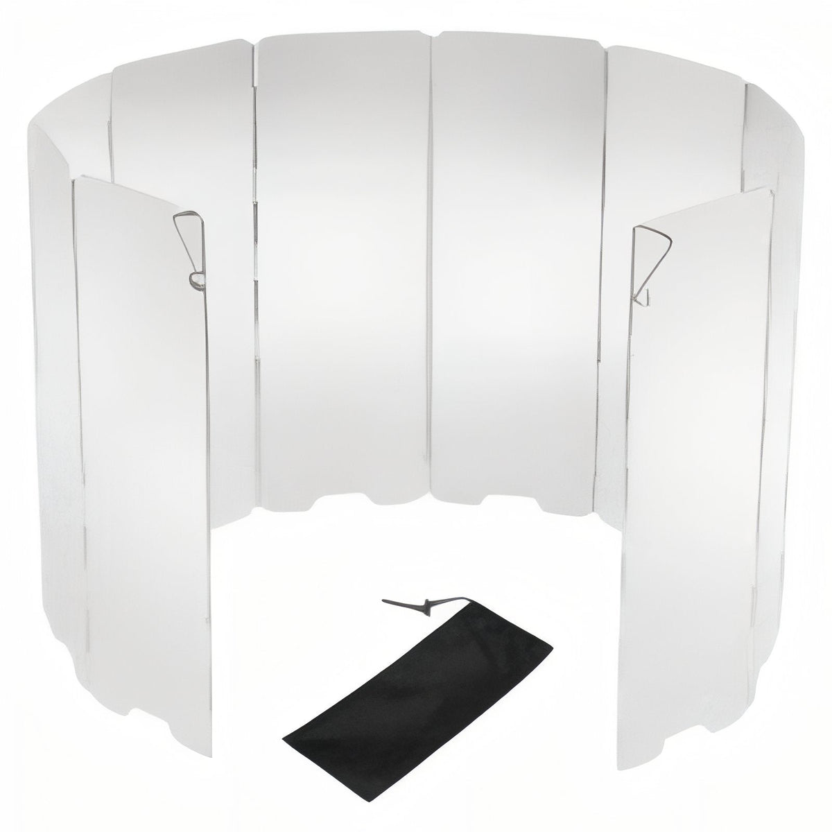 Aluminium windscreen standing in a curve beside its drawstring bag