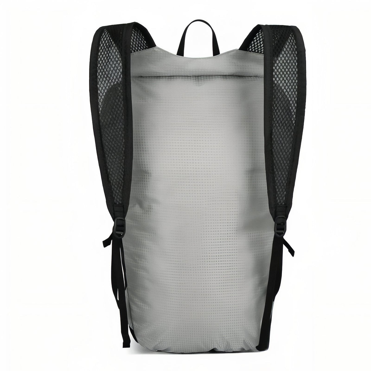 Back of the light grey daypack with its black mesh shoulder straps