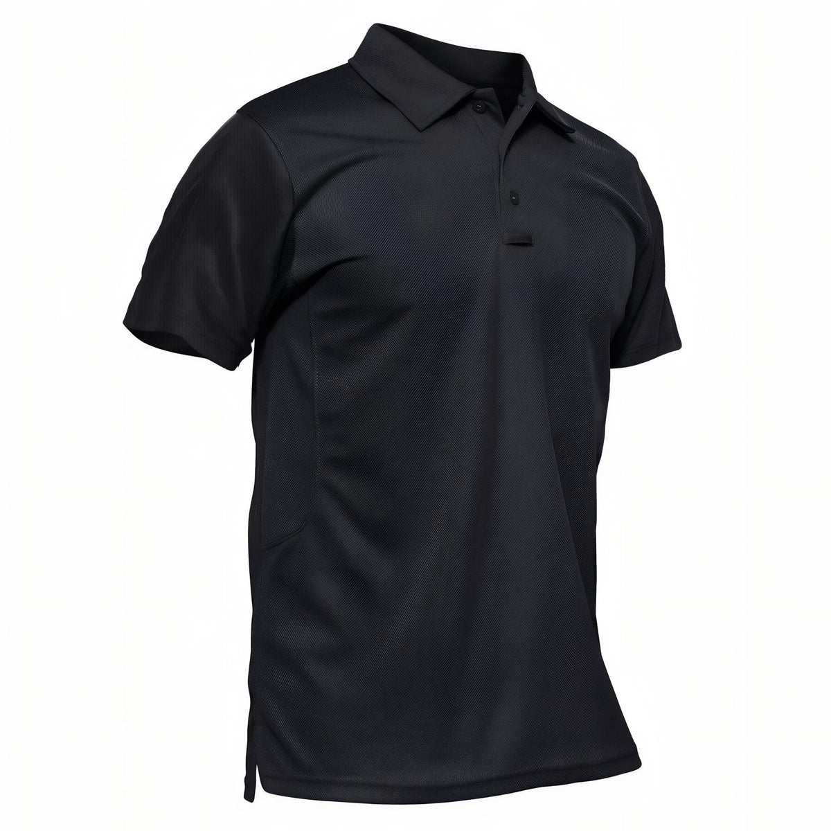 Men's black short-sleeved hiking polo shirt seen from the front at an angle