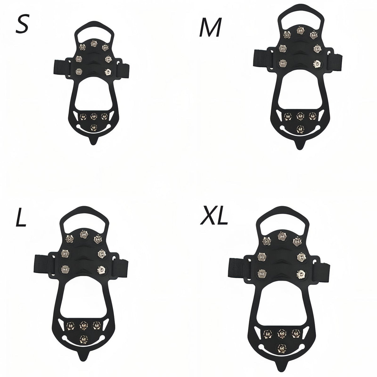 The ice cleat in its four sizes, S, M, L and XL, seen from below