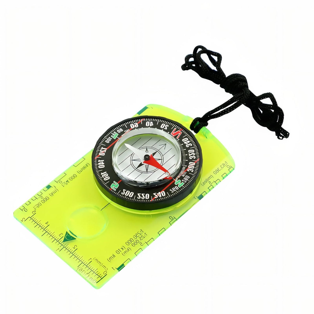 Neon yellow baseplate compass with magnifier and black lanyard