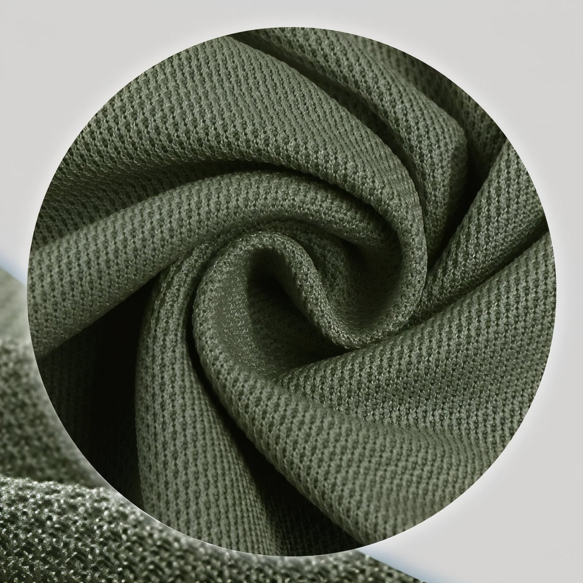 Swirl of the army green quick-drying knit fabric, shown in a round close-up