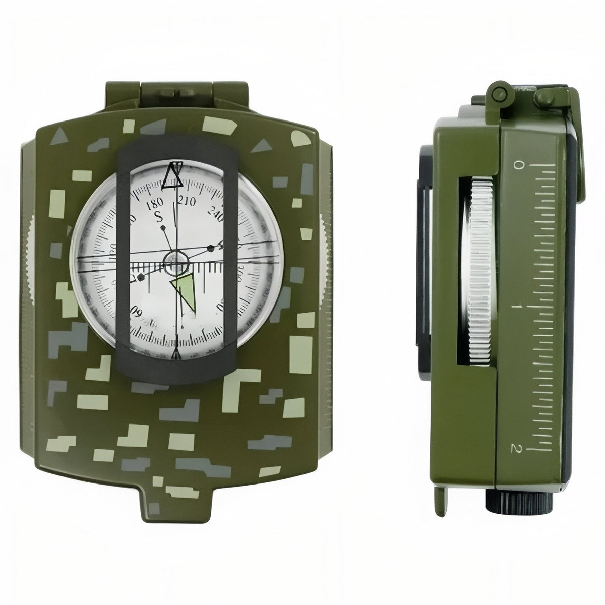 Green camouflage lensatic compass from the front and the side